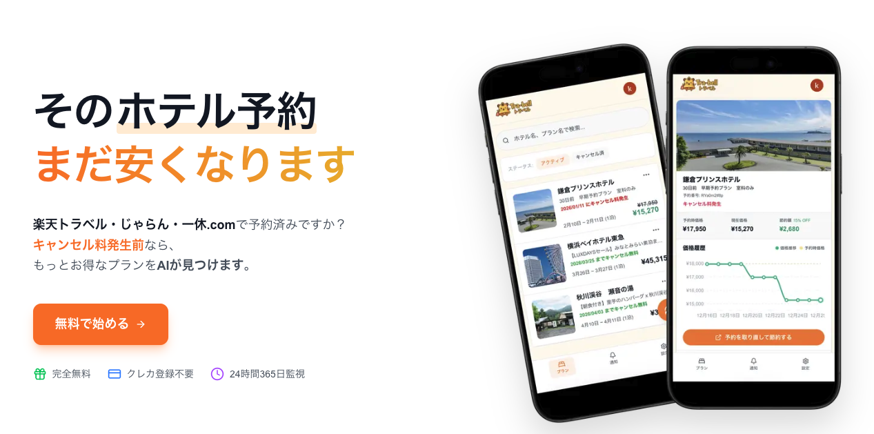 Tra-bell: 宿泊ホテルの価格を自動監視